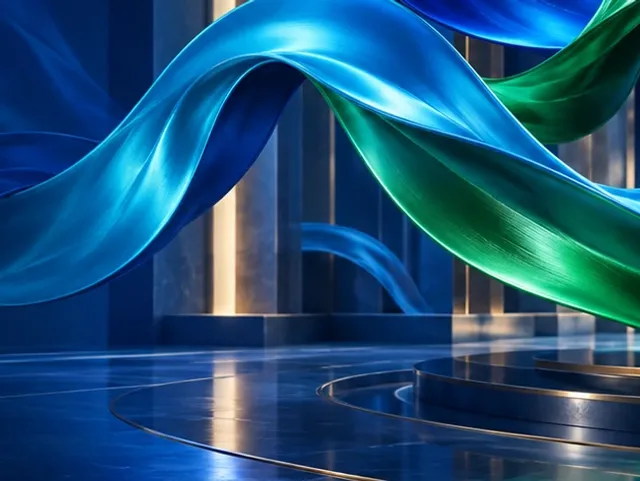 Blue ribbons of light on a dark floor