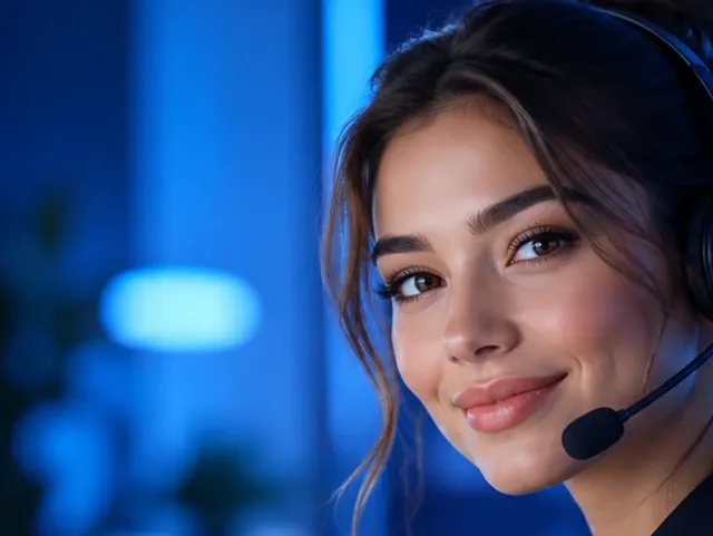 Support agent with a headset smiling