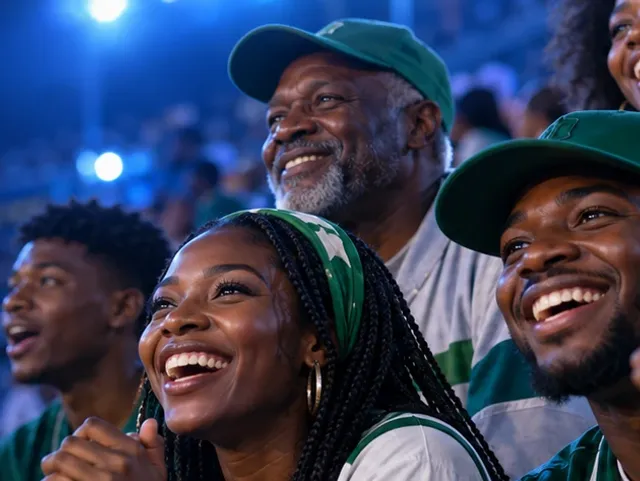 Friends in green shirts cheering at a stadium