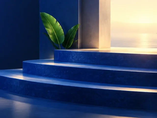 Arched doorway with steps in blue light