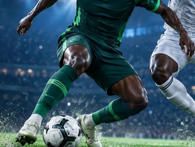 Footballers chasing the ball in a match