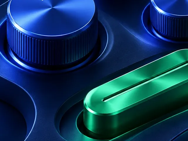 Blue control dials on a desk