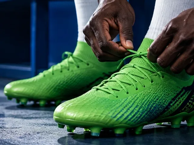 Footballer lacing green boots