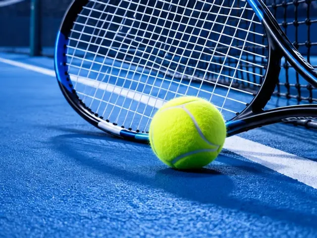Tennis ball on a blue court